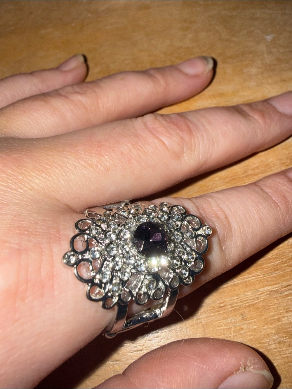 Silver Floral Statement Ring with Purple Center Stone